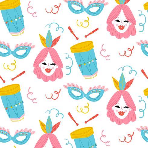 Cute Carnival Pattern With Woman, Drum And Mask vector