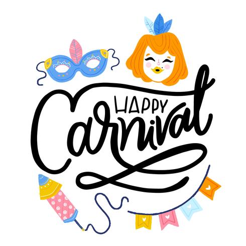 Cute Carnival Background with Mask, Ginger Girl, Fireworks, Flags And Lettering vector