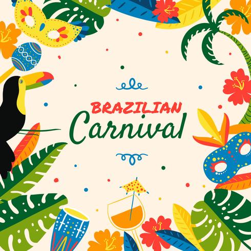 Lindo fondo de carnaval brasileño con hojas, máscara, maraca, flor y cócteles vector