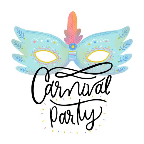Blue Carnival Mask With Ornaments And Feather With Lettering vector