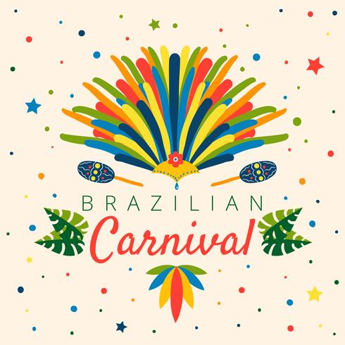 Colorido carnaval brasileño con hojas, confeti, maraca, sombrero de garota y pluma vector