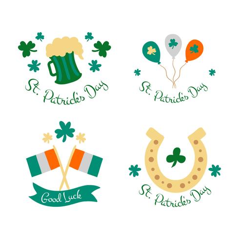 Linda colección de insignias con globos, banderas, cerveza y trébol sobre el día de San Patricio vector