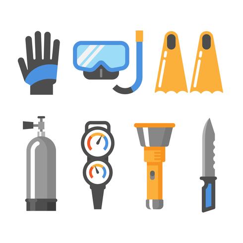 Scuba diving gear flat icon set. Gloves, mask, snorkel, fins, air tank, pressure gauge, flashlight, knife. vector