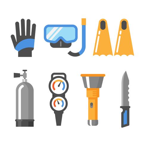 Conjunto de iconos planos de equipo de buceo. Guantes, máscara, tubo, aletas, tanque de aire, manómetro, linterna, cuchillo. vector