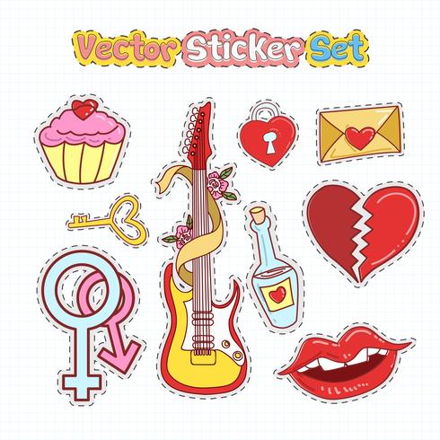 Valentines Day Sticker Patches in Doodle Style. Vector Illustration