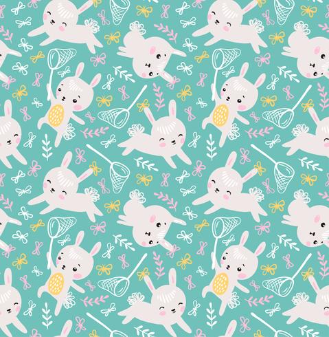 Childish seamless pattern with rabbits and butterflies vector
