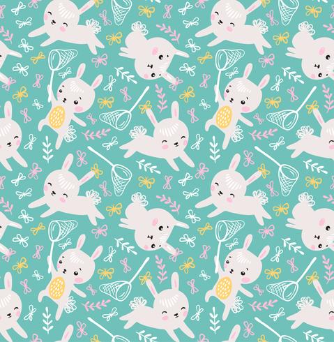 Childish seamless pattern with rabbits and butterflies vector