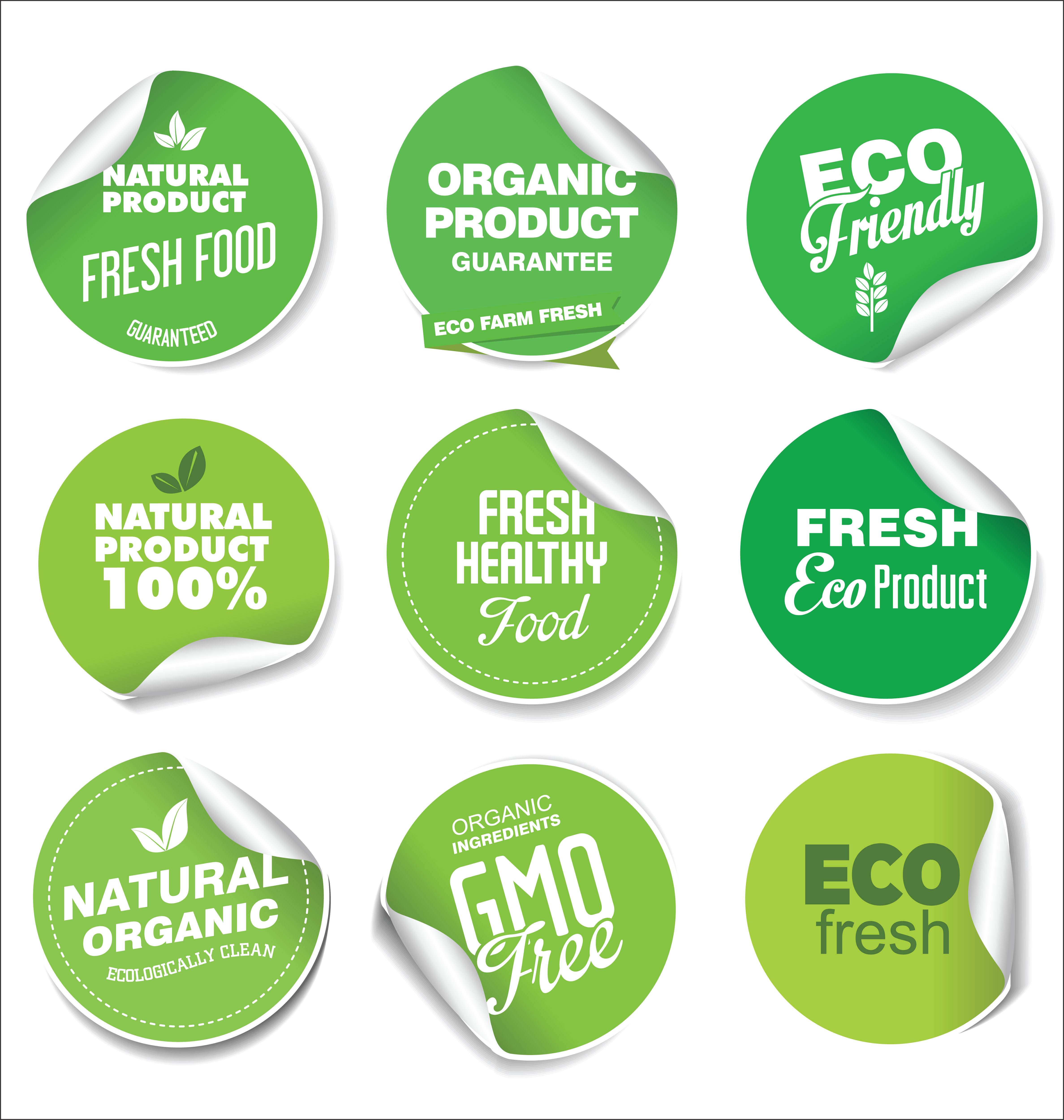 Collection of green labels and badges for organic and natural products