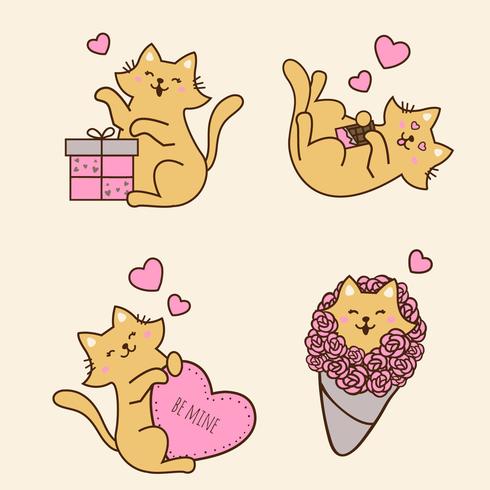 Linda colección de personajes de gato con flor, regalo, barra de chocolate y corazón vector