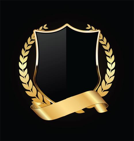 Escudo dorado y negro con laureles de oro. vector