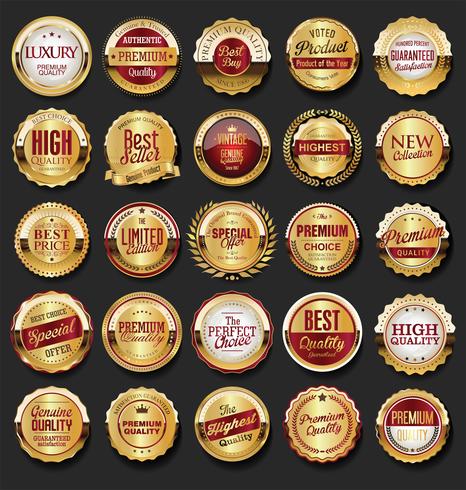 Etiquetas de oro retro insignias colección de marcos y cintas vector