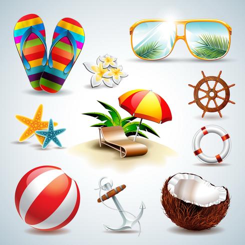 Icono de las vacaciones de verano del vector fijado en fondo claro.