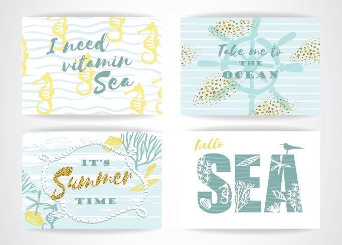 Conjunto de tarjetas de verano con elementos de dibujo a mano. vector