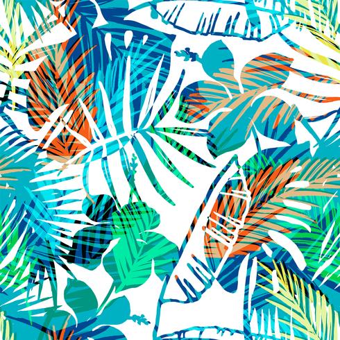 Seamless exotic pattern with tropical palm in bright color. vector