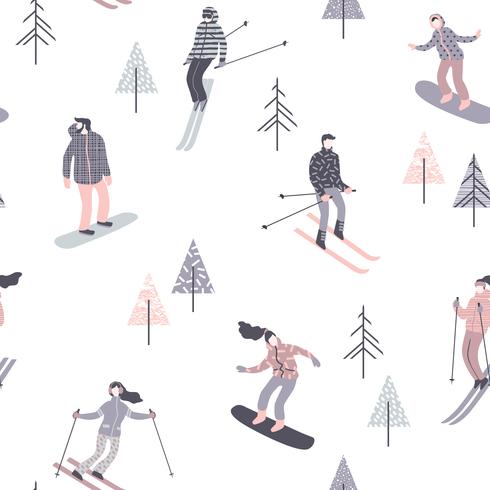 Ilustración vectorial de esquiadores y snowboarders. Patrón sin costuras vector