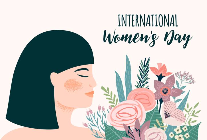 Día Internacional de la Mujer. Plantilla de vectores con mujer asiática y flores