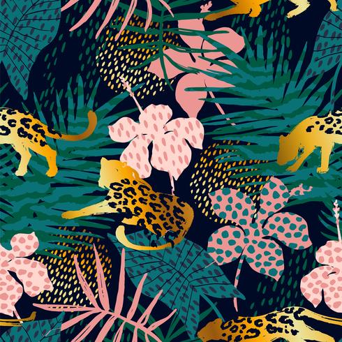 Trendy seamless exotic pattern with palm and leopards. vector