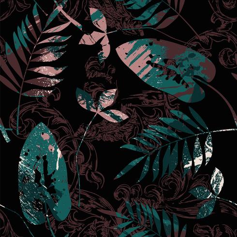 Eclectic seamless pattern with spray paint, Baroque ornament and leaves. vector