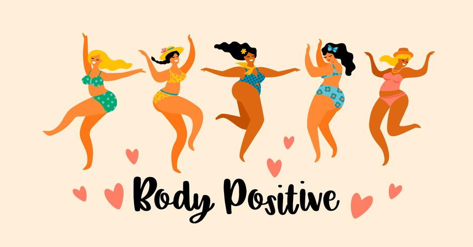 Cuerpo positivo. Felices chicas de talla grande están bailando. vector