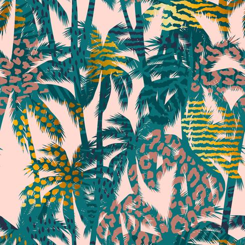 Trendy seamless exotic pattern with palm, animal prints and hand drawn textures. vector