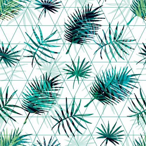 Seamless exotic pattern with tropical palm leaves on geometric background. vector