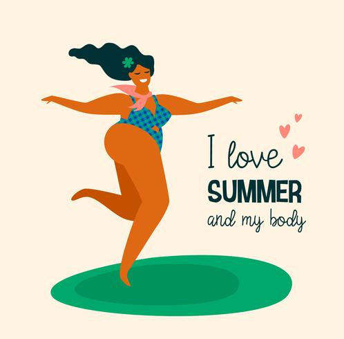 Body positive. Happy plus size girl are dancing. vector