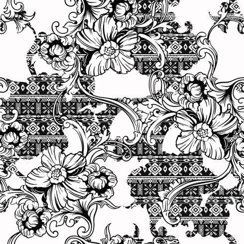 Eclectic fabric seamless pattern. Ethnic background with baroque ornament. vector