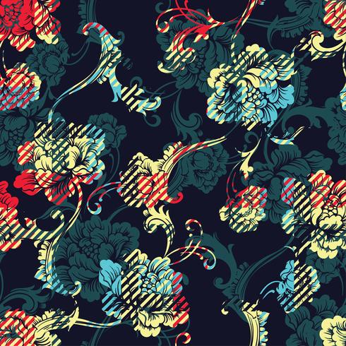 Eclectic fabric plaid seamless pattern with baroque ornament. vector