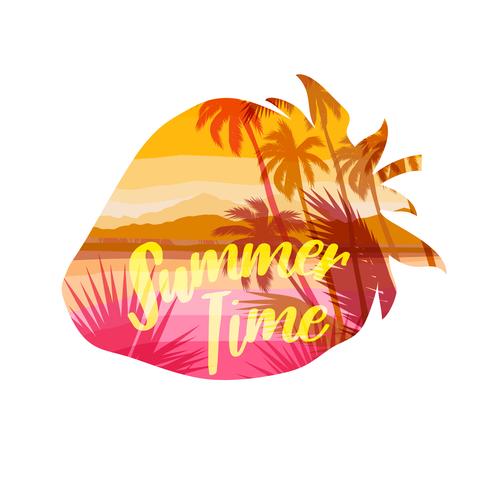 Estampado de verano en playa tropical con eslogan para camisetas, carteles, tarjetas y otros usos. vector