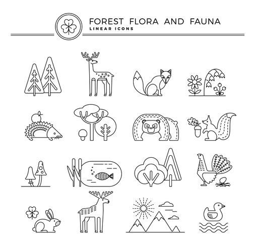 Vector linear icons of forest flora and fauna.