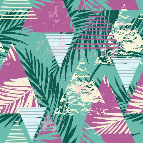 Seamless exotic pattern with palm leaves on geometric background vector