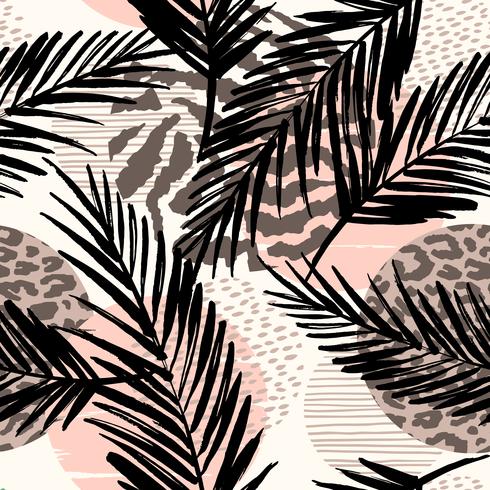 Abstract seamless pattern with animal print, tropical plants and geometric shapes. vector