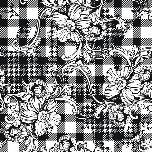 Eclectic fabric plaid seamless pattern with baroque ornament. vector