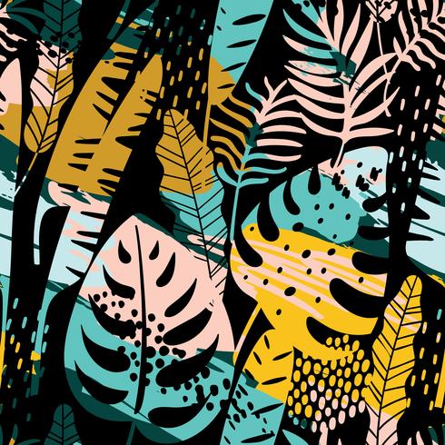 Seamless exotic pattern with tropical plants and artistic background. vector