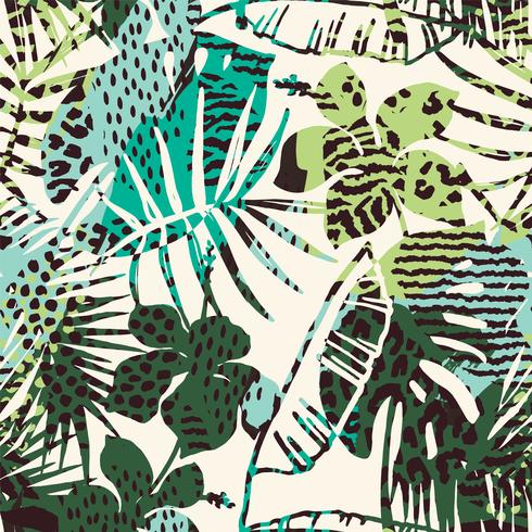 Trendy seamless exotic pattern with palm, animal prints and hand drawn textures. vector