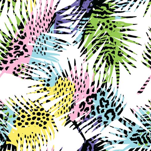 Trendy seamless exotic pattern with palm, animal print and hand drawn textures. vector