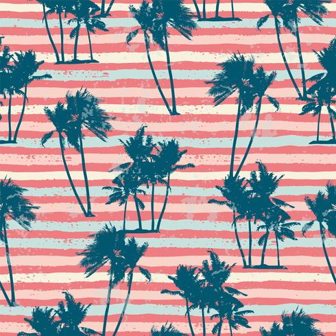 Seamless exotic pattern with tropical plants and stripes background. vector