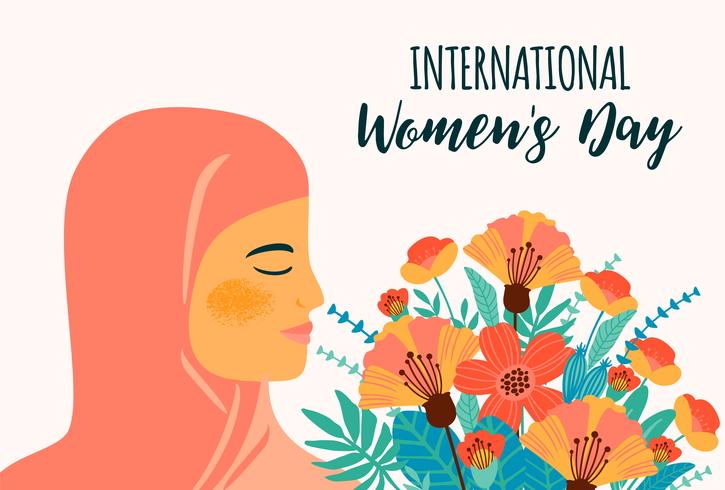 Día Internacional de la Mujer. Plantilla de vector con mujer árabe y flores