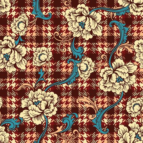 Eclectic fabric plaid seamless pattern with baroque ornament. vector