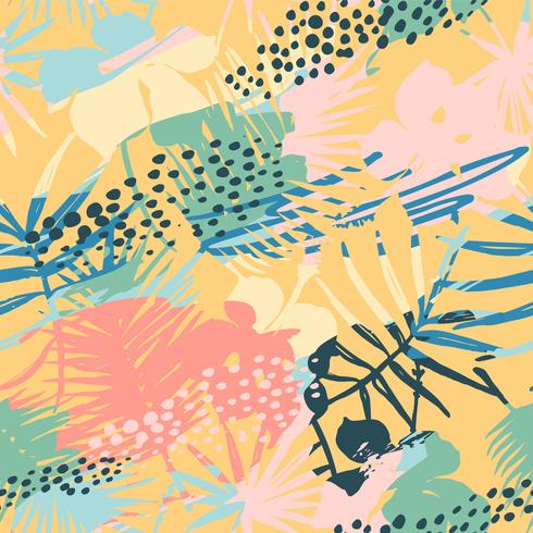 Seamless exotic pattern with tropical plants and artistic background. vector