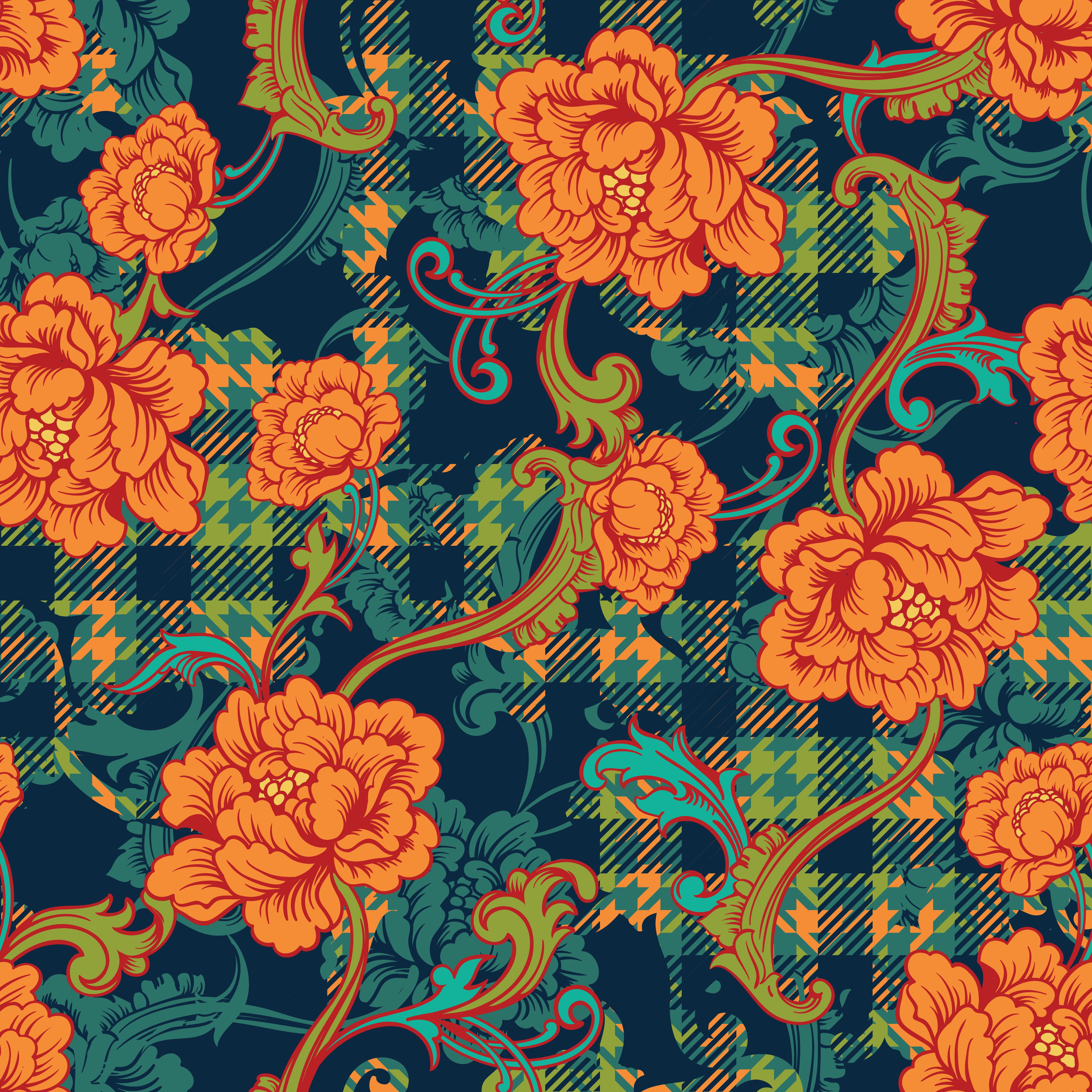 Eclectic fabric plaid seamless pattern with baroque ornament. 289439