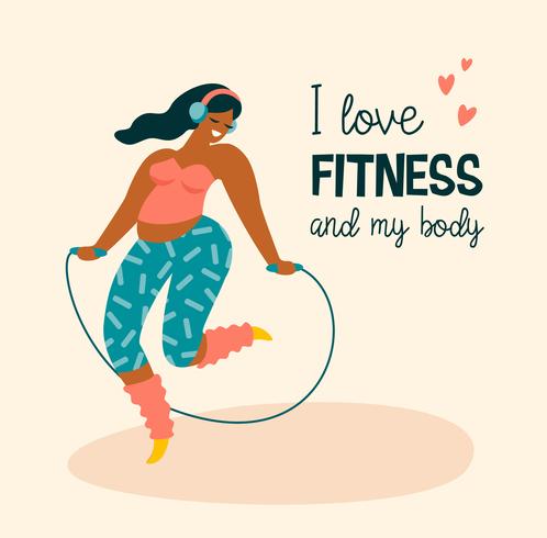 Cuerpo positivo. Feliz niña de talla grande y estilo de vida activo. vector