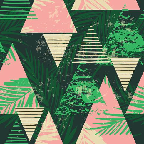 Seamless exotic pattern with palm leaves on geometric background vector