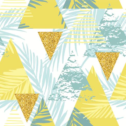 Seamless exotic pattern with palm leaves on geometric background vector