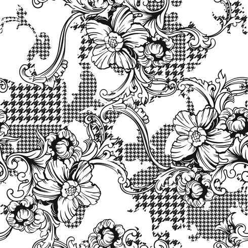 Eclectic fabric plaid seamless pattern with baroque ornament. vector