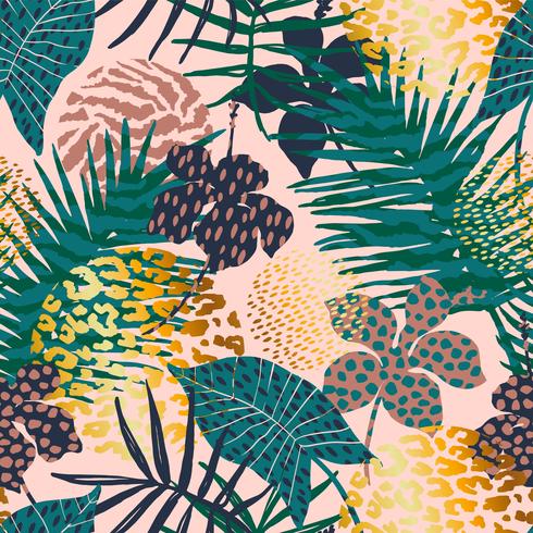 Trendy seamless exotic pattern with palm, animal prints and hand drawn textures. vector