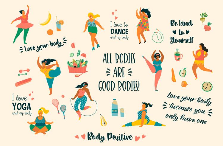 Cuerpo positivo. Felices chicas de talla grande y estilo de vida activo y saludable. vector