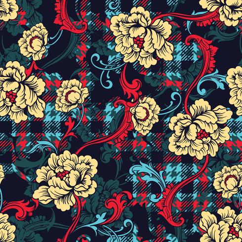 Eclectic fabric plaid seamless pattern with baroque ornament. vector