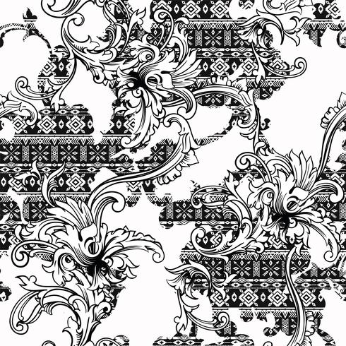 Eclectic fabric seamless pattern. Ethnic background with baroque ornament. vector