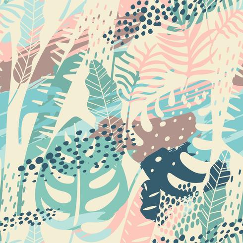 Seamless exotic pattern with tropical plants and artistic background. vector